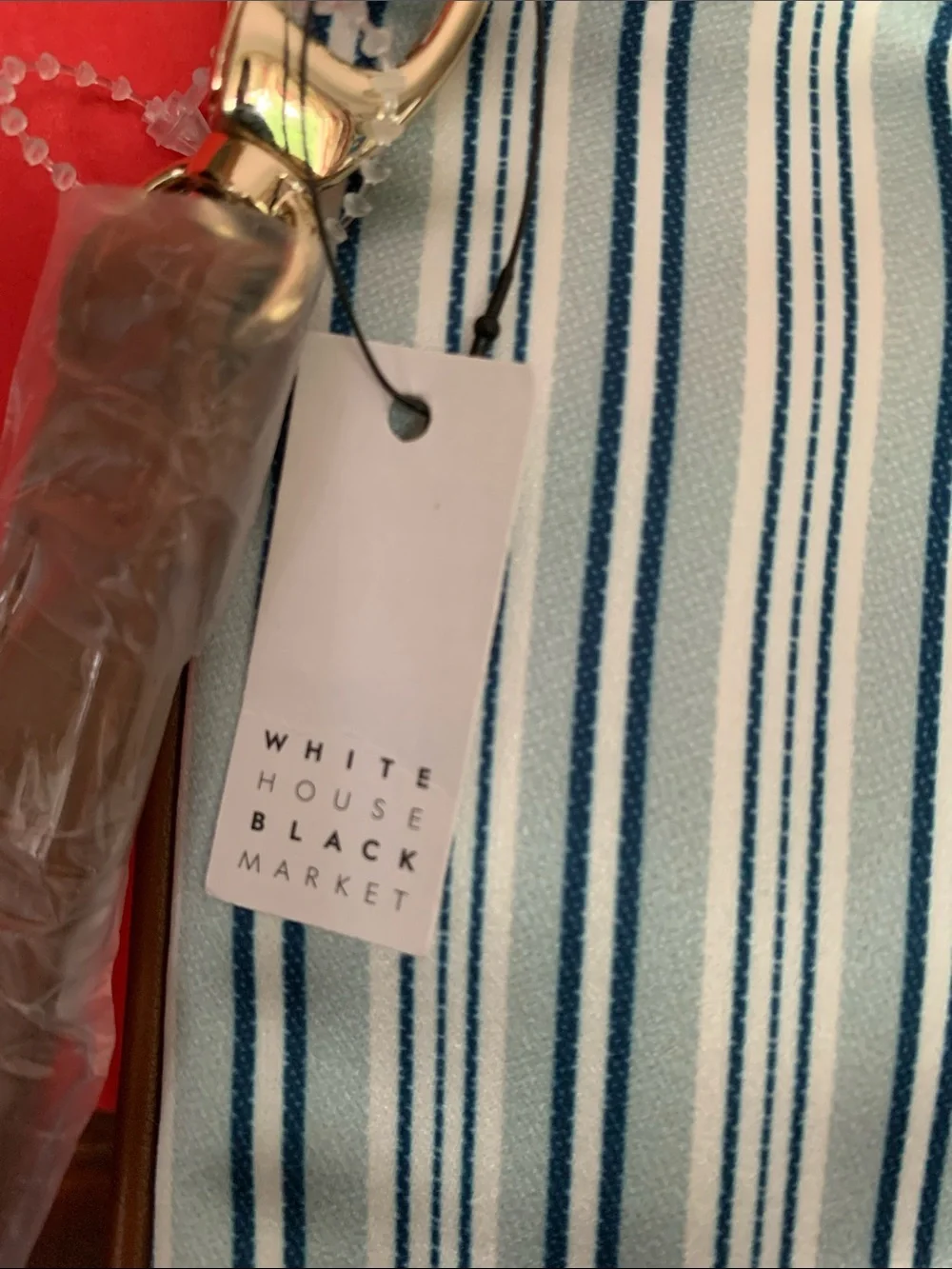 White House Black Market Blue and White Striped Fold-Over Clutch with Brown Trim - Picture 4 of 8